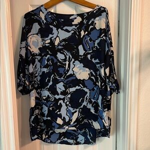 Blue Boxy Relaxed Blouse with Floral Design